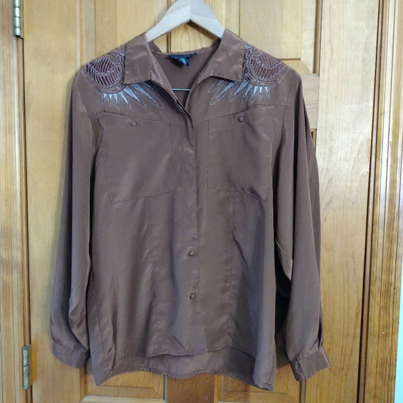 Vintage Suzelle satiny‎ embroidered blouse with Western details - Picture 2 of 5